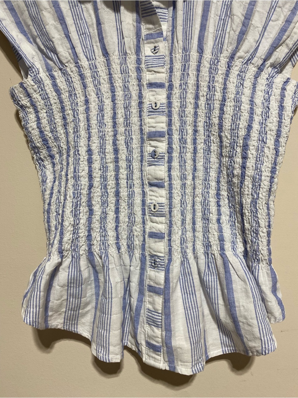 NWT Anthropologie Maeve “Bellamy” Striped Ruched Top Ruffled cotton Linen Size S - Picture 4 of 9